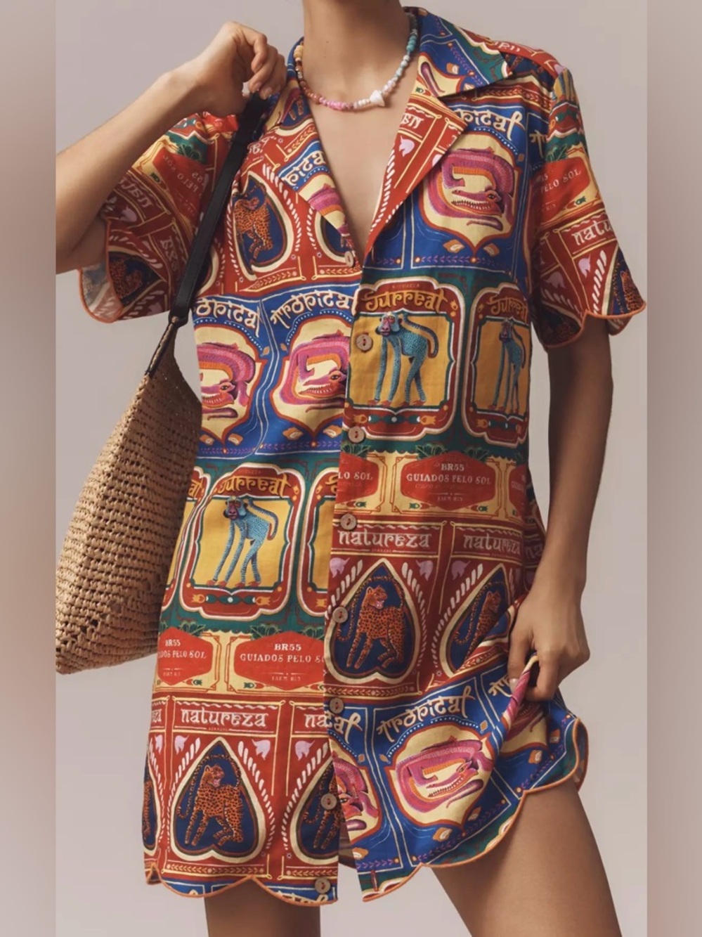 Farm Rio Anthropologie Scalloped Mini Shirt Dress Size Small